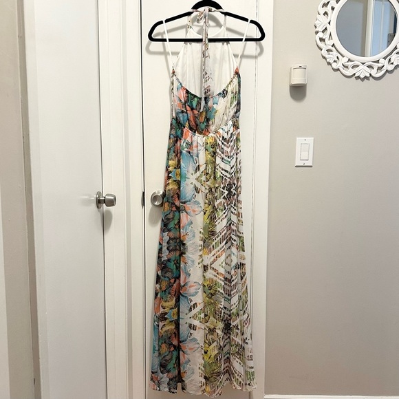 RHYME Abstract Modern Print Lined Halter Maxi Dress S unique tropical geometric - Picture 3 of 9